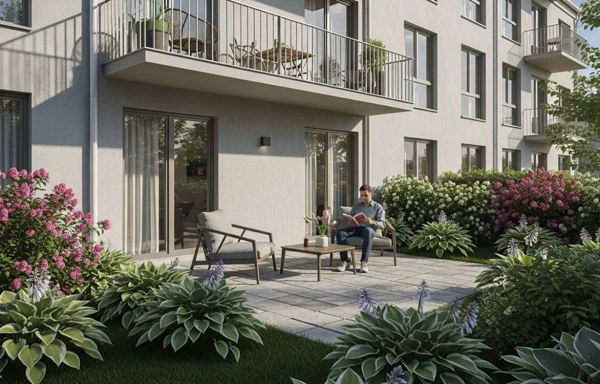 A modern garden apartment definition illustrated by a ground-floor home with a private patio and lush landscaping.
