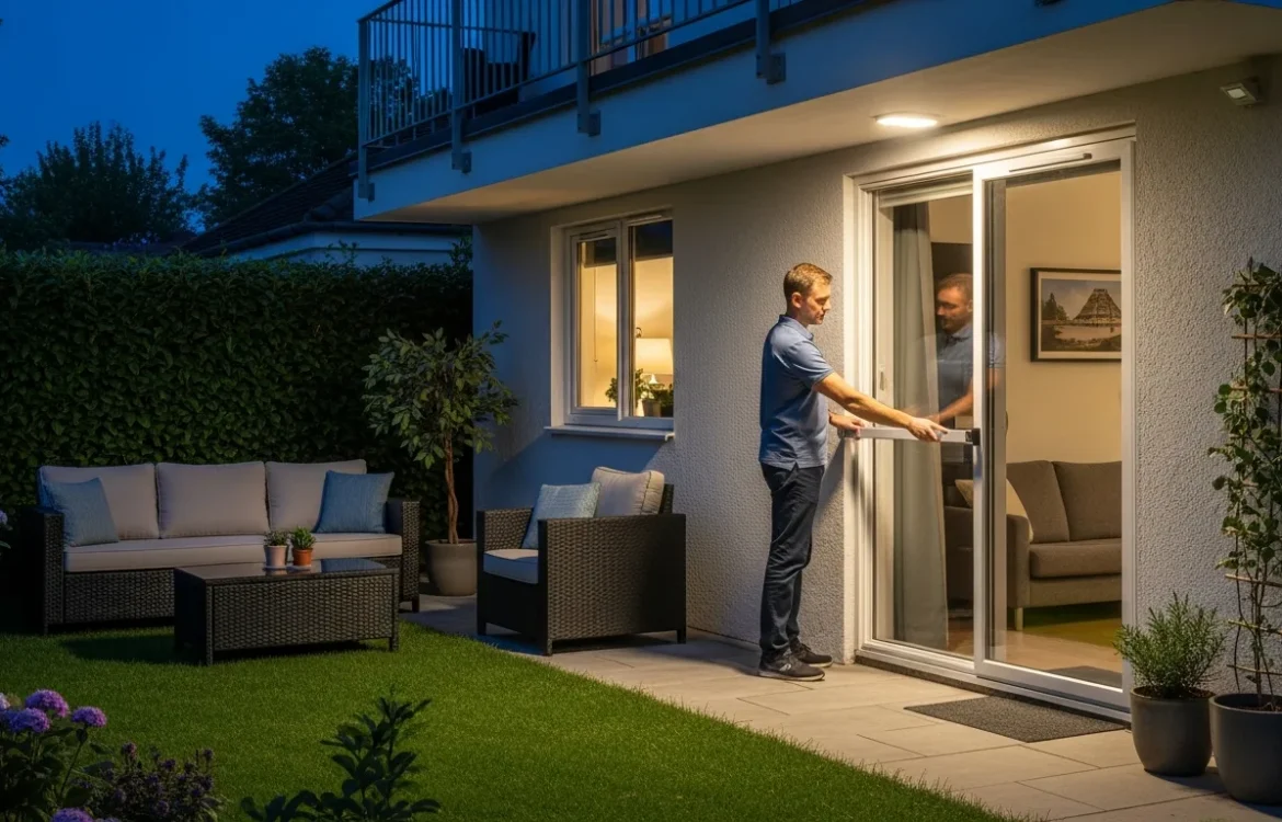 A man implementing garden apartment security tips by inspecting a smart lock on a patio sliding door.