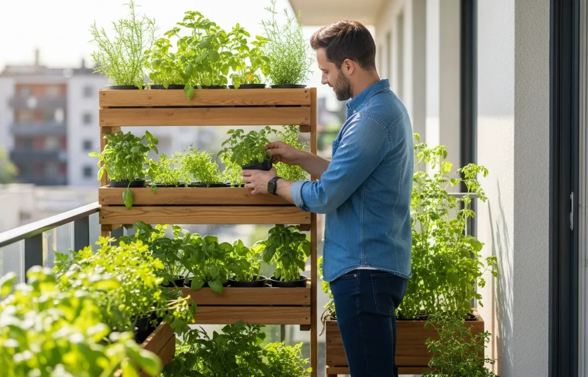 A lush vegetable and herb garden for apartments on a sun-drenched balcony with modern planters.