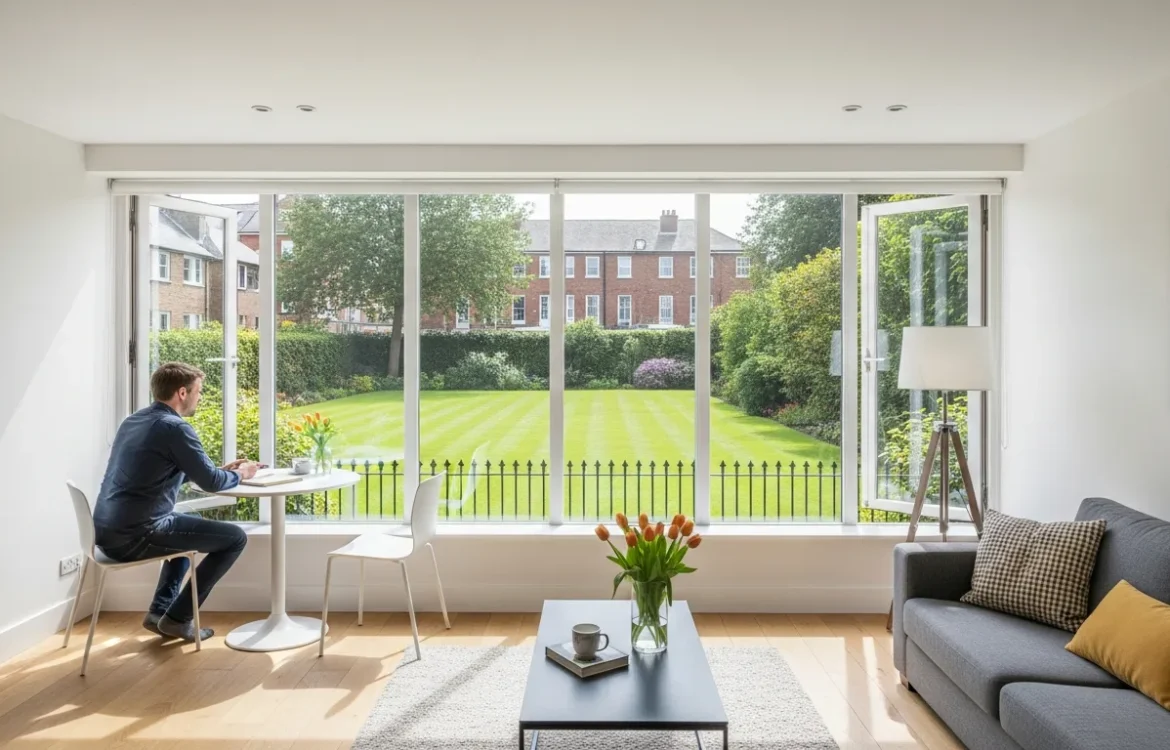 A modern garden level apartment interior with large windows overlooking a lush outdoor courtyard.