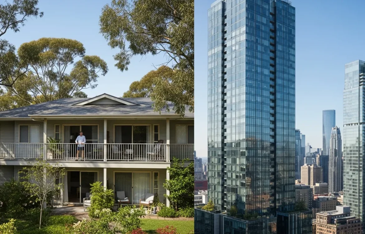 Comparing a garden style apartment vs high rise living with side-by-side architectural views.