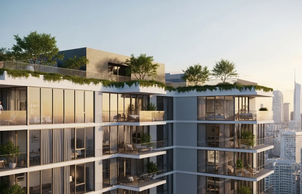 Modern architectural exterior of Glen Wall Heights Apartments featuring luxury glass balconies and sustainable design.
