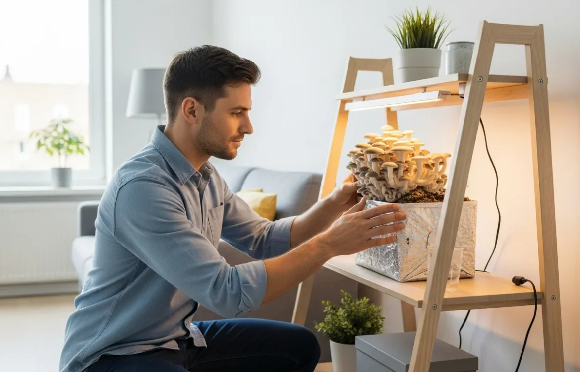 A man harvesting oyster mushrooms while growing mushrooms indoors in a rental apartment kitchen.