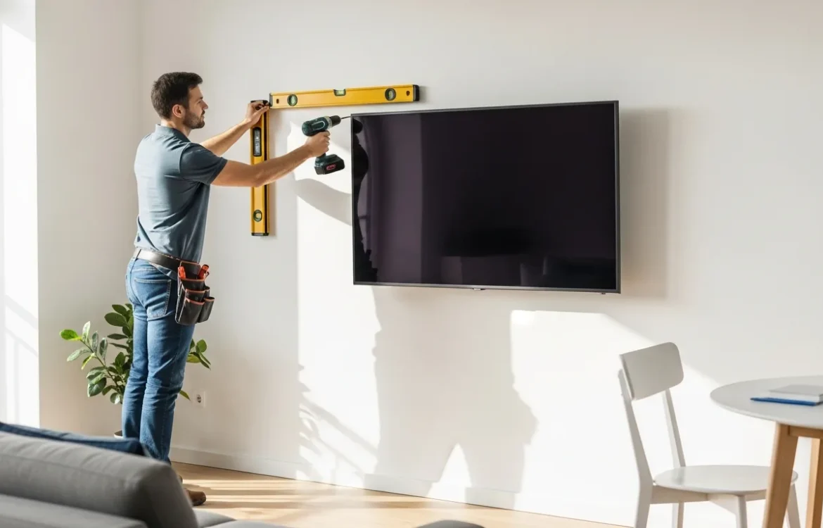A man carefully hanging tv on wall in apartment living room using a mounting bracket and tools.