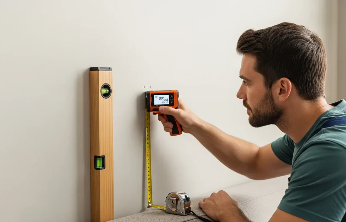 A man using a tape measure to check how far apart are studs in walls during a home improvement project.