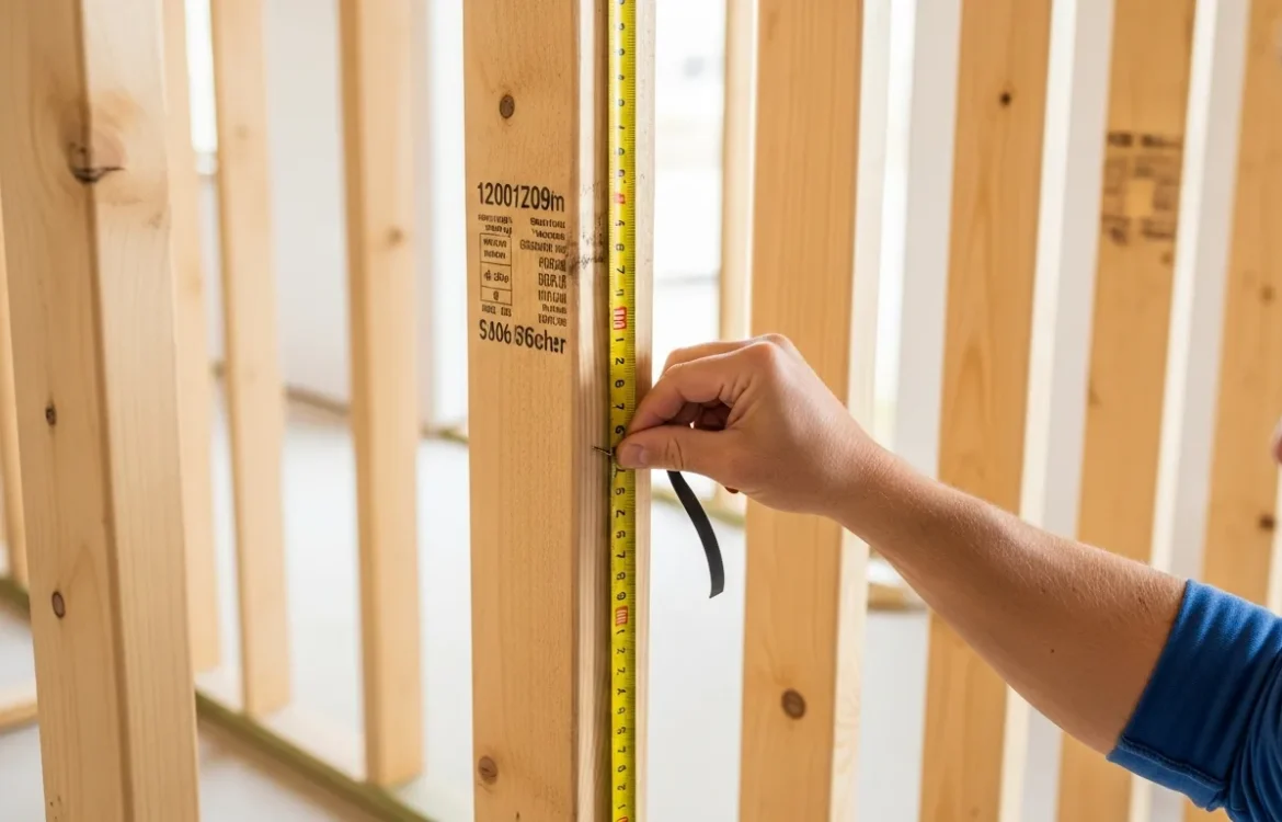 A tape measure checking how far apart are studs on a wall in a room under construction.