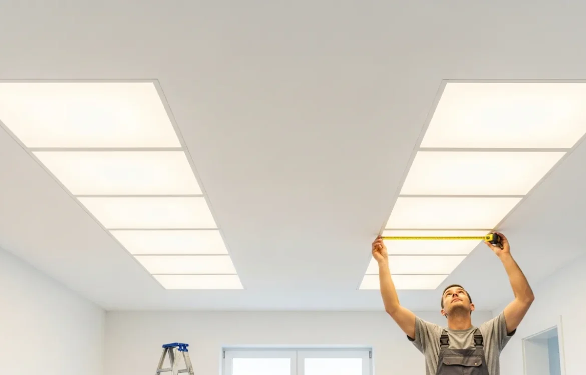Modern living room ceiling illustrating how far apart should recessed lights be for balanced overhead illumination.