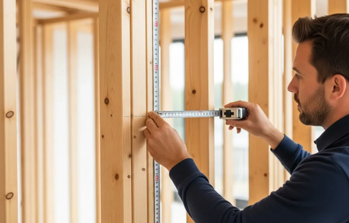 Contractor measuring how far apart should wall studs be on a timber frame wall during a home renovation.