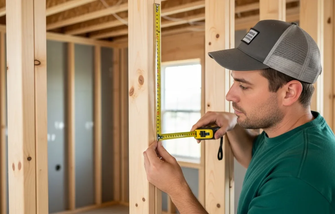 A contractor using a tape measure to show how far are studs apart in a wall during a home renovation project.