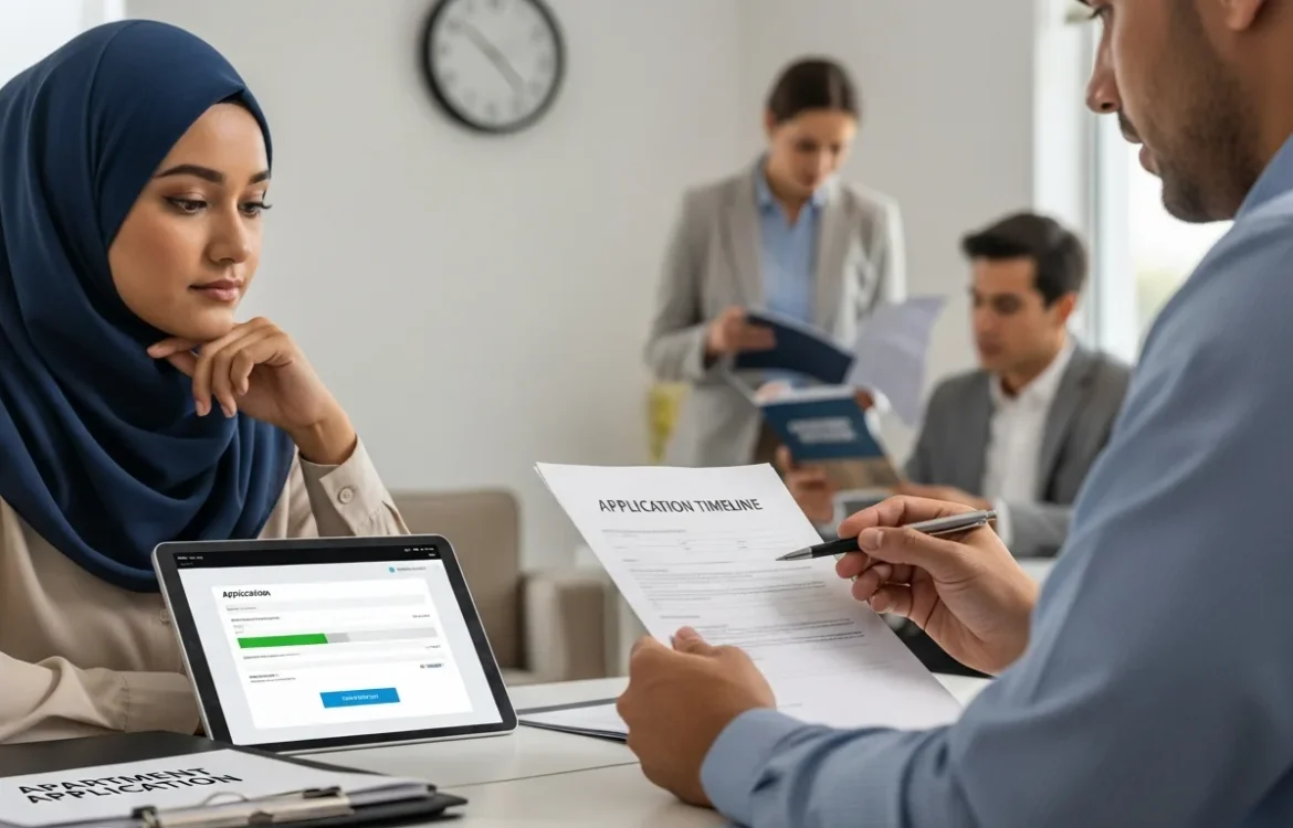 A woman reviews her status as an agent explains how long does it take to get approved for an apartment.