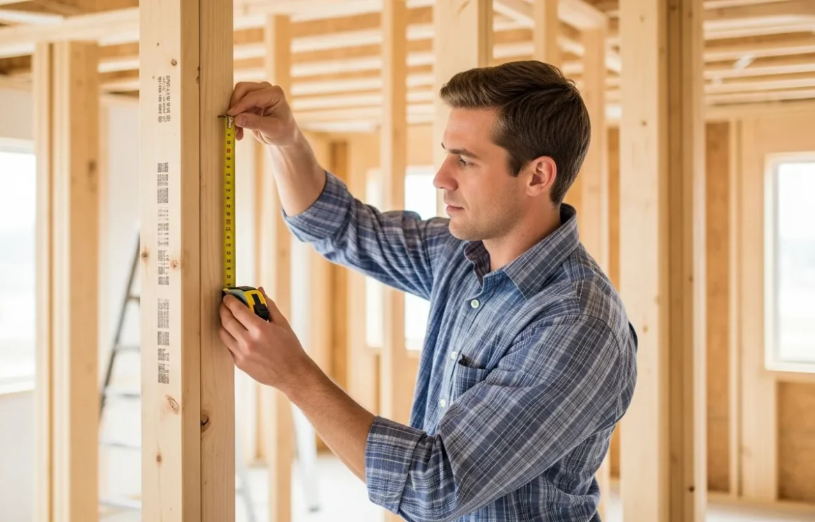 A tape measure showing how many inches apart are wall studs on a standard 16-inch wooden frame construction.