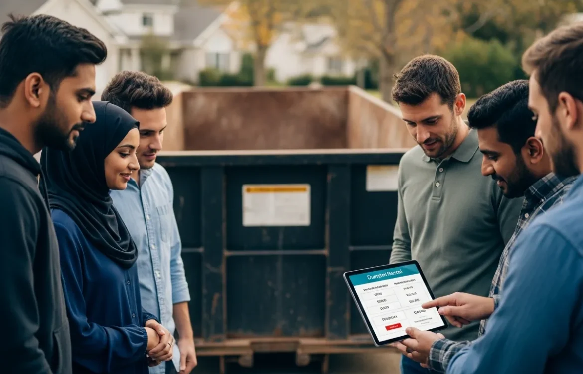 Diverse group looking at a tablet to find out how much does it cost to rent a dumpster.