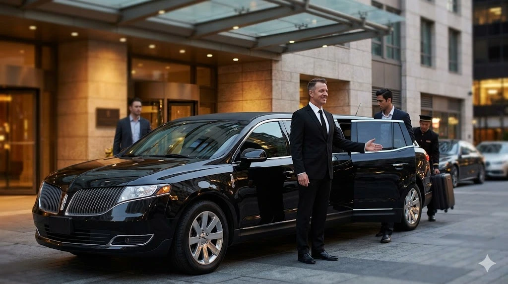 A chauffeur opens a black limousine door at a luxury hotel; find out how much does it cost to rent a limo for events.