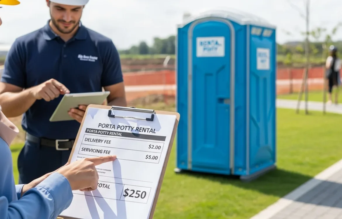 A woman reviews a rental form for a portable toilet. How much does it cost to rent a porta potty?