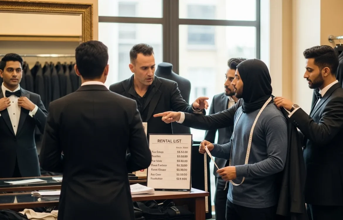 Men at a tuxedo rental shop viewing a price list. How much does it cost to rent a tux?