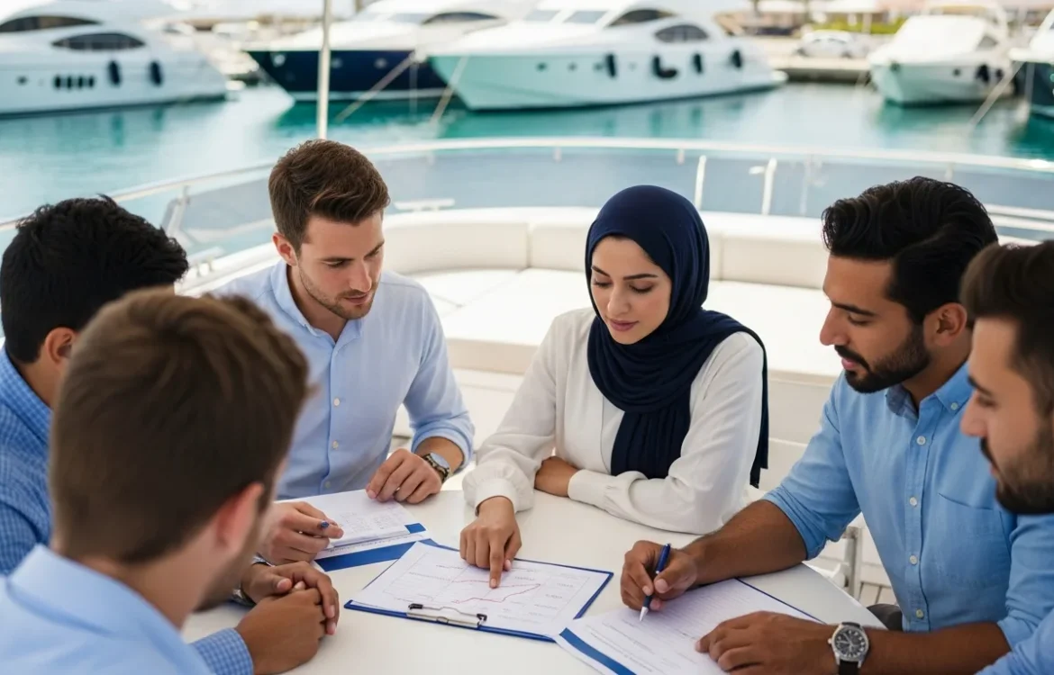 A diverse business team meets on a luxury boat deck. Learn how much does it cost to rent a yacht.