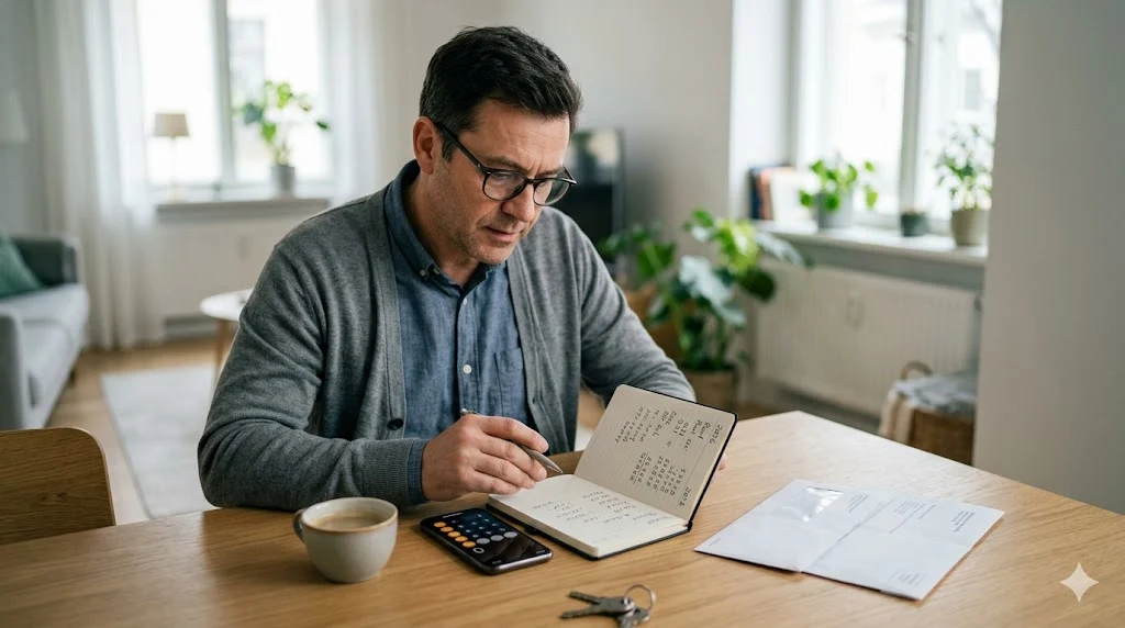 An imae of Person Doing calculation using pen with a white paper book .