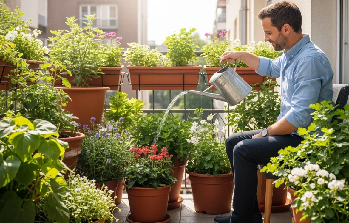 A man using a watering can to demonstrate how often to water balcony container plants in a sunny outdoor space.