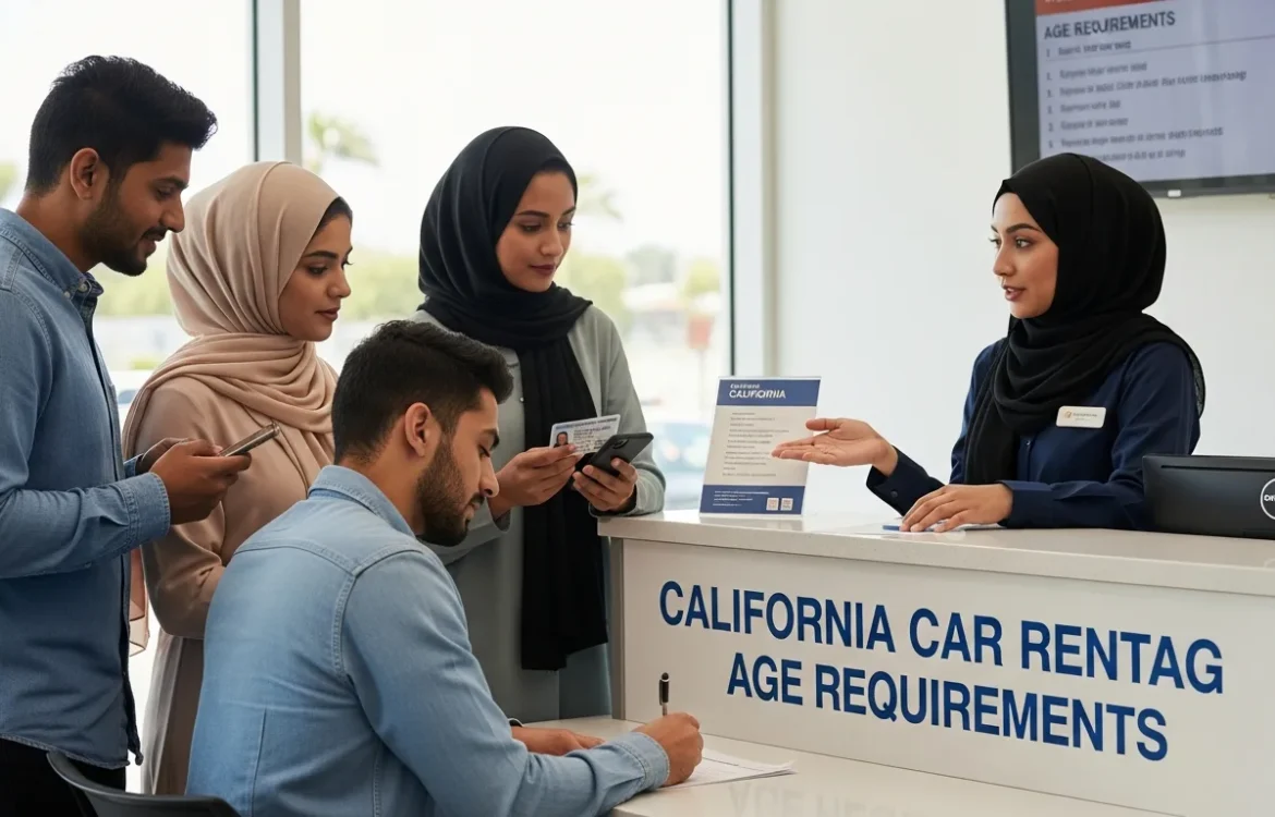 Customers at a California car rental counter asking how old do you have to be to rent a car in california.