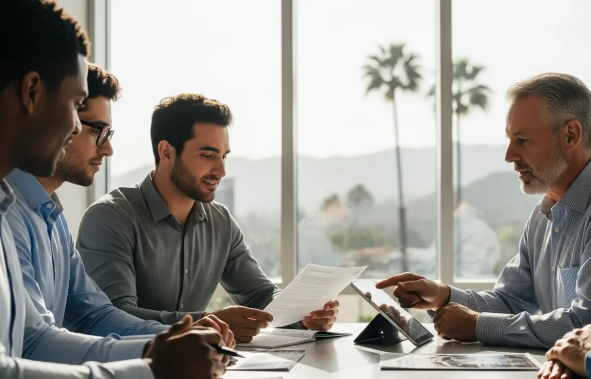 Men in a California office discussing how old to rent a car in california for corporate travel.