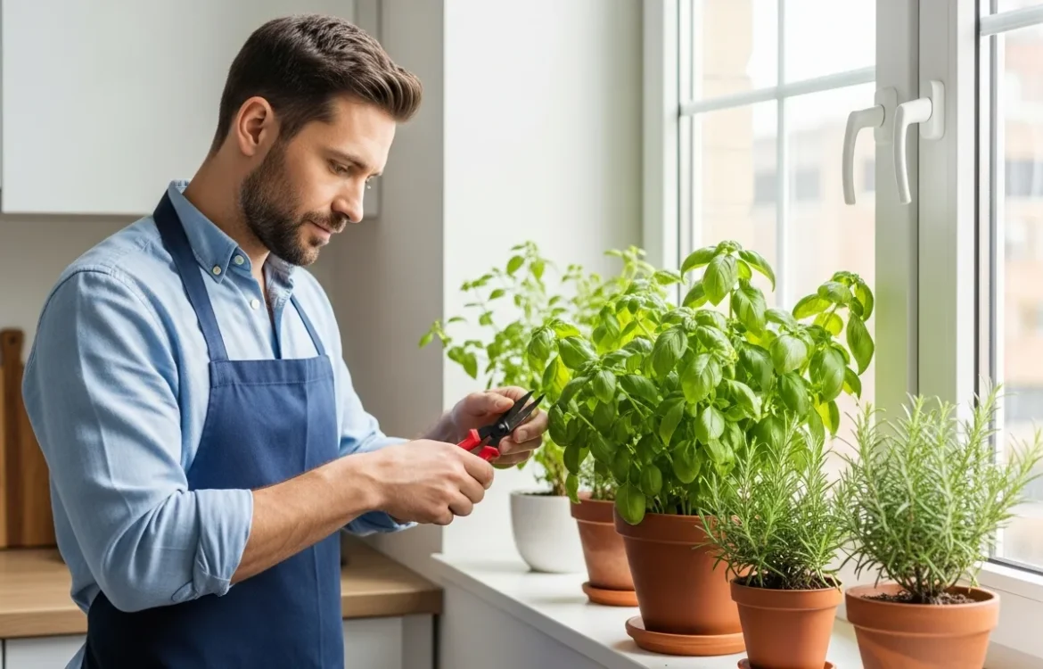 A man learning how to care for an indoor apartment herb garden by watering fresh basil and rosemary on a sunny windowsill.