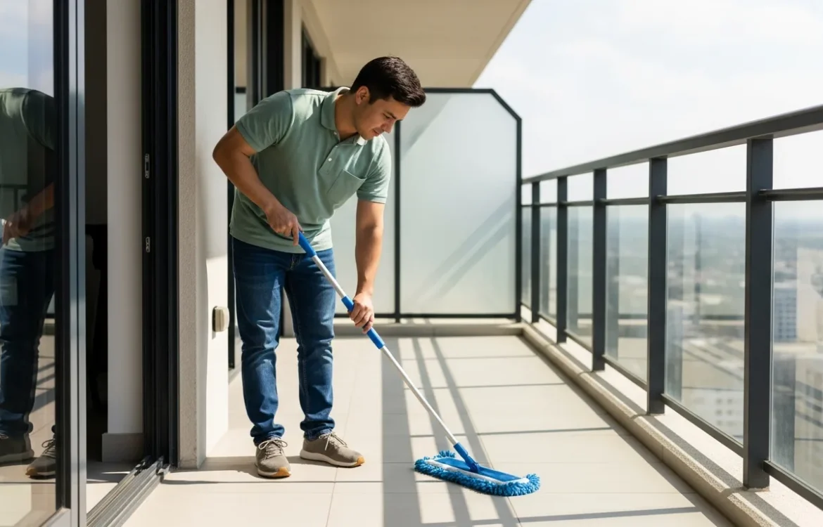 A man demonstrating how to clean an apartment balcony floor properly with a damp mop.