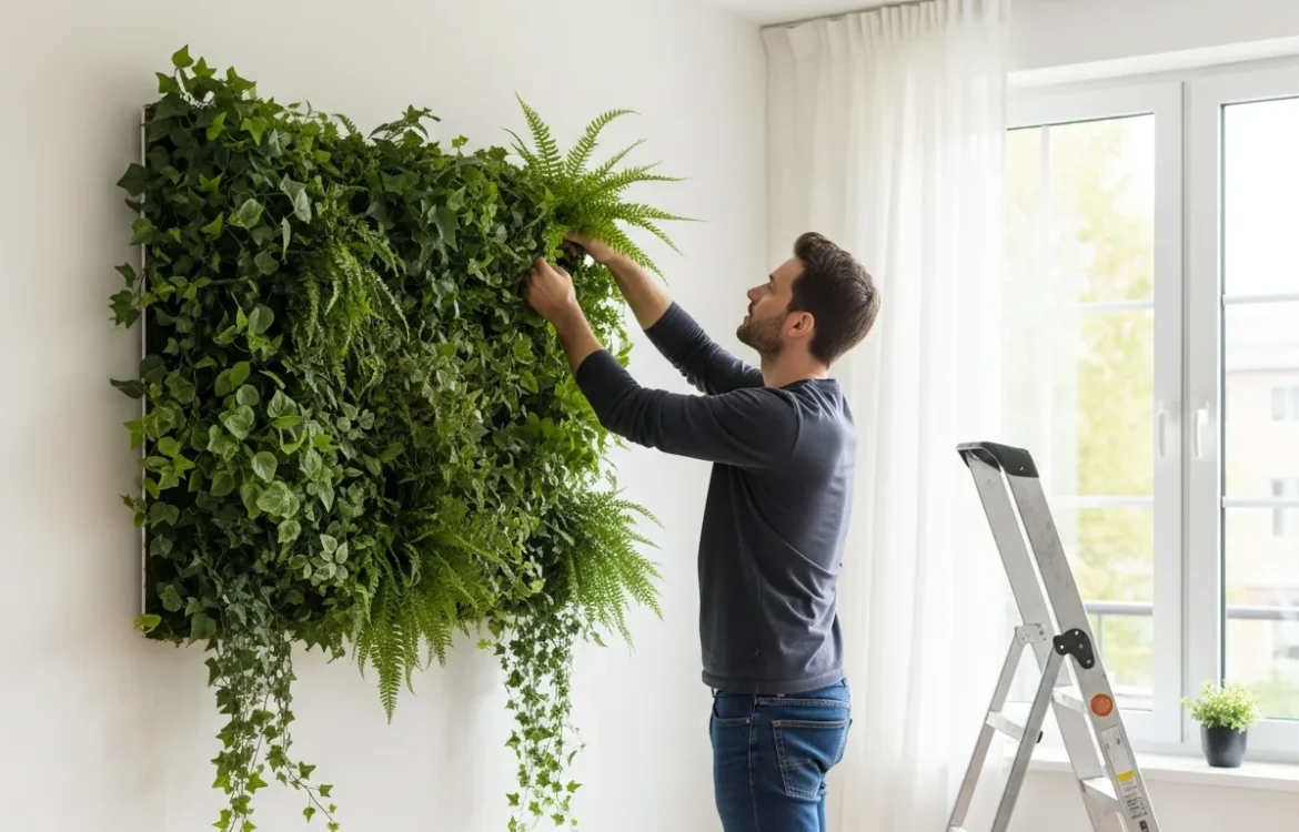 A step-by-step guide on how to create a green wall inside your apartment with various lush tropical plants.
