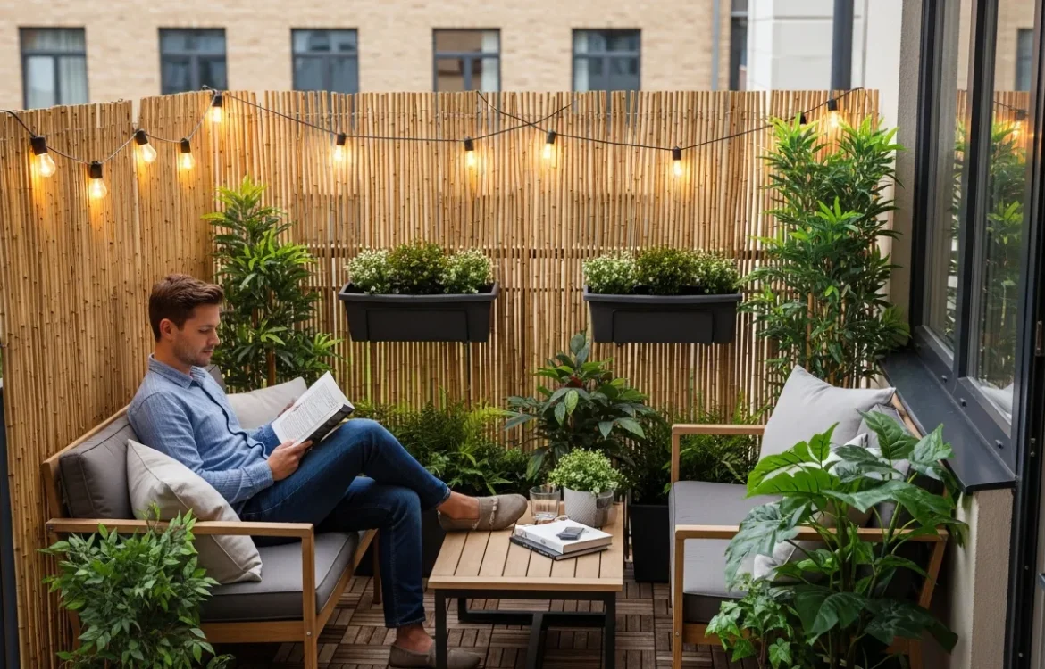 A man relaxing on a balcony showing how to create an outdoor oasis in a rental with privacy screens and plants.