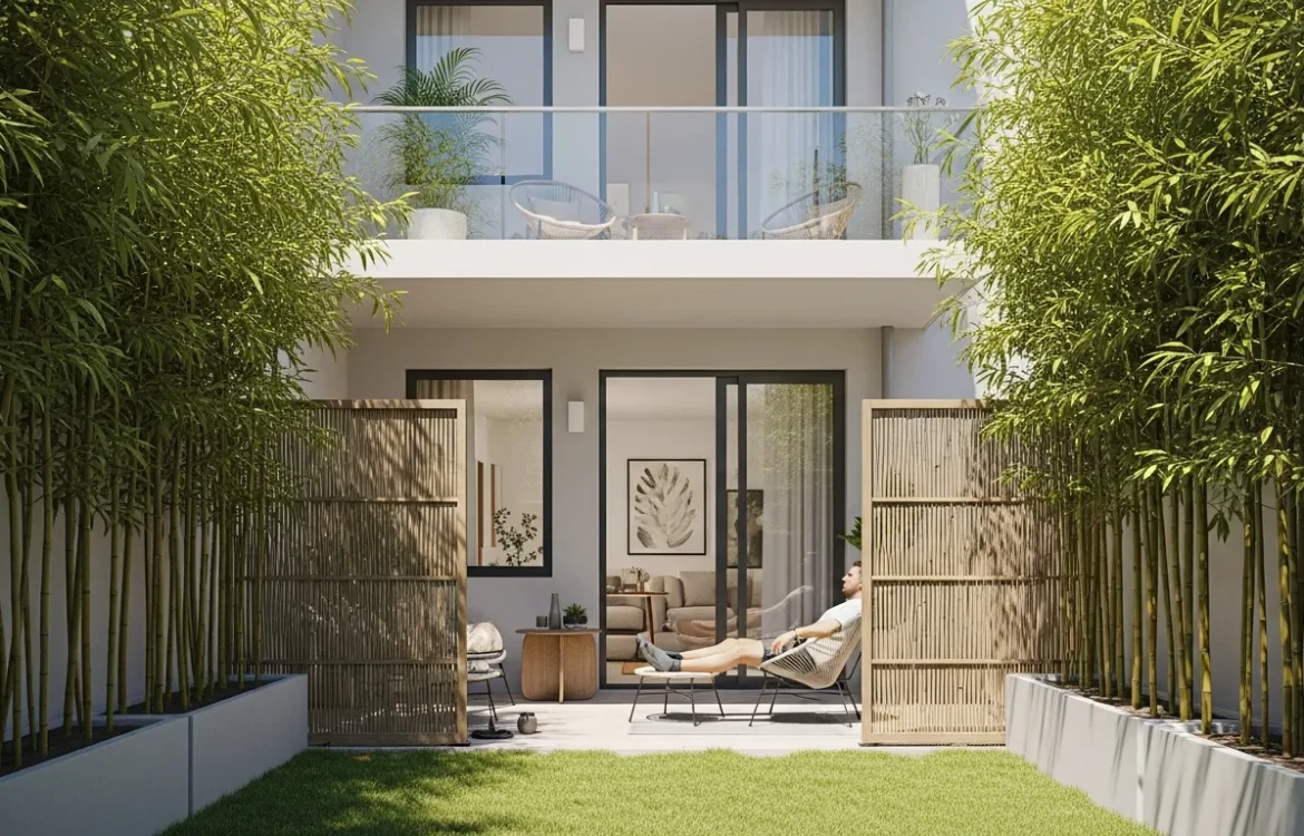 A guide on how to create privacy on a ground floor apartment patio using tall plants and wooden screens.