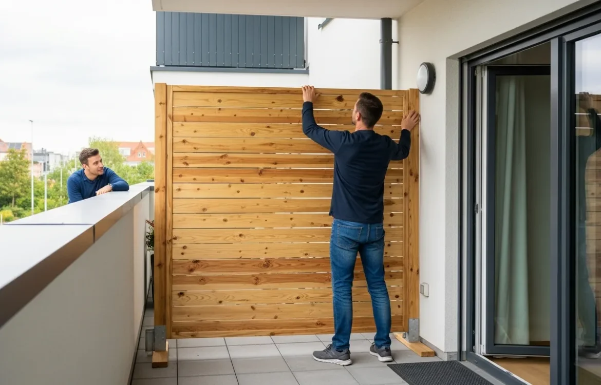 A man installing a privacy screen while learning how to deal with nosy neighbors on a shared patio.