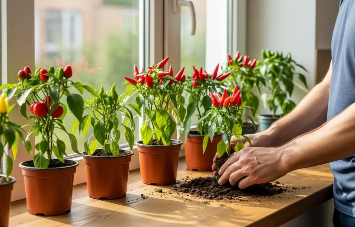 A helpful guide on how to grow chili peppers on a windowsill featuring vibrant red peppers in small terracotta pots.