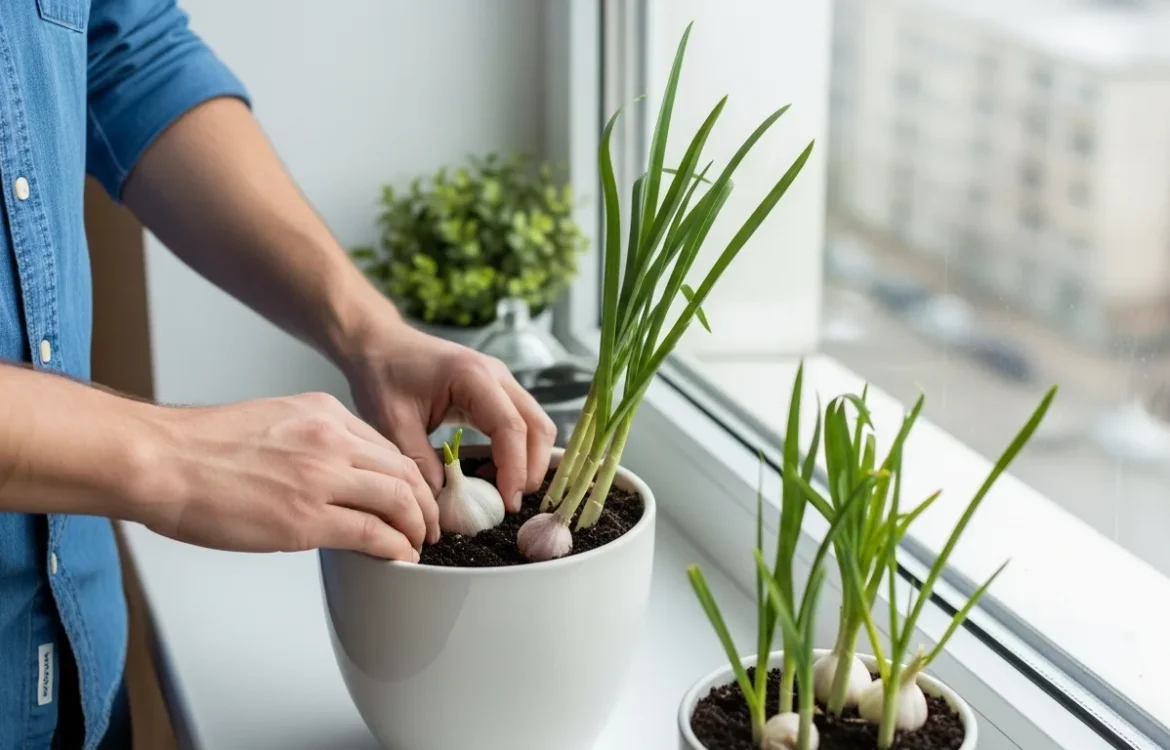 A man demonstrating how to grow garlic in an apartment using a terra cotta pot on a sunny windowsill.
