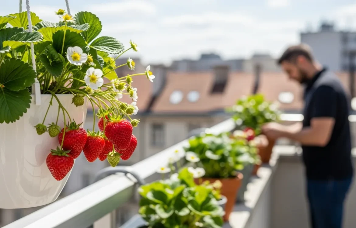 A guide on how to grow strawberries in hanging pots on a balcony for fresh home-grown harvests.