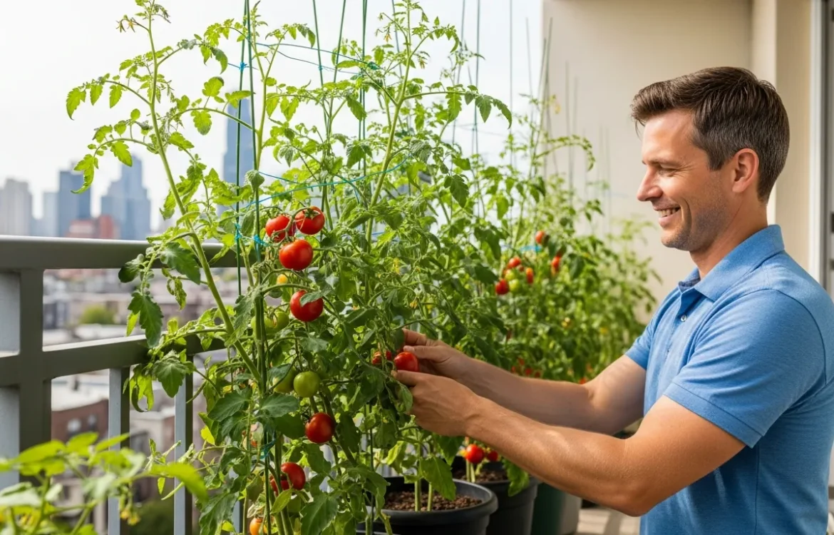 A man harvesting ripe fruit while learning how to grow tomatoes on an apartment balcony.