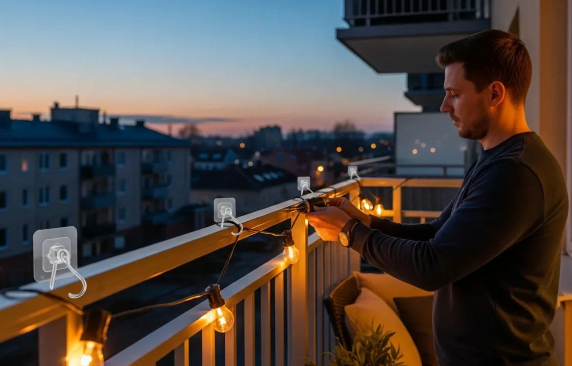 A man demonstrating how to hang string lights on an apartment balcony without drilling using damage-free adhesive hooks.