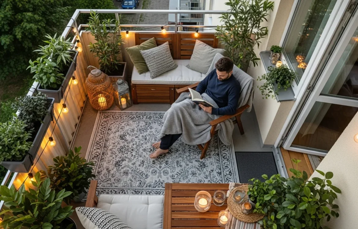 A guide on how to make a concrete apartment balcony cozy with an outdoor rug, soft pillows, and warm string lights.