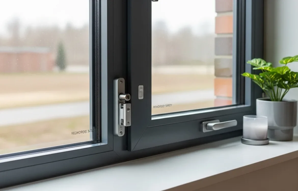 A close-up showing how to maximize security on a ground floor apartment window using a sturdy secondary sliding lock.