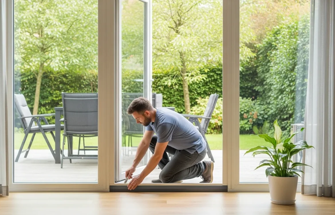 A man seals window gaps to show how to prevent pests in a ground floor garden apartment effectively.