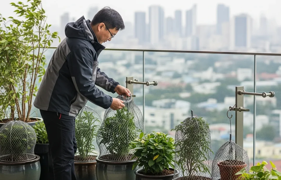 A man securing heavy planters to a railing to show how to protect balcony plants from strong wind.