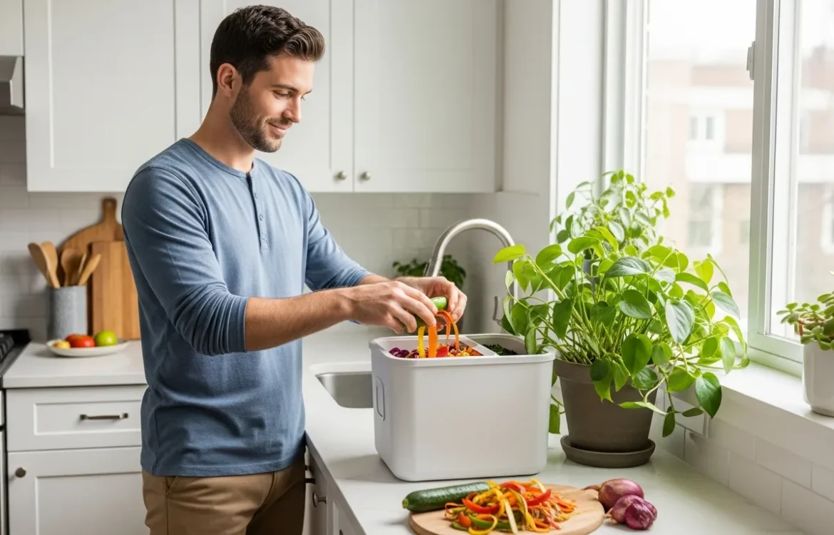 A man demonstrating how to reuse kitchen scraps for apartment plants using a compact indoor compost bin on a counter.