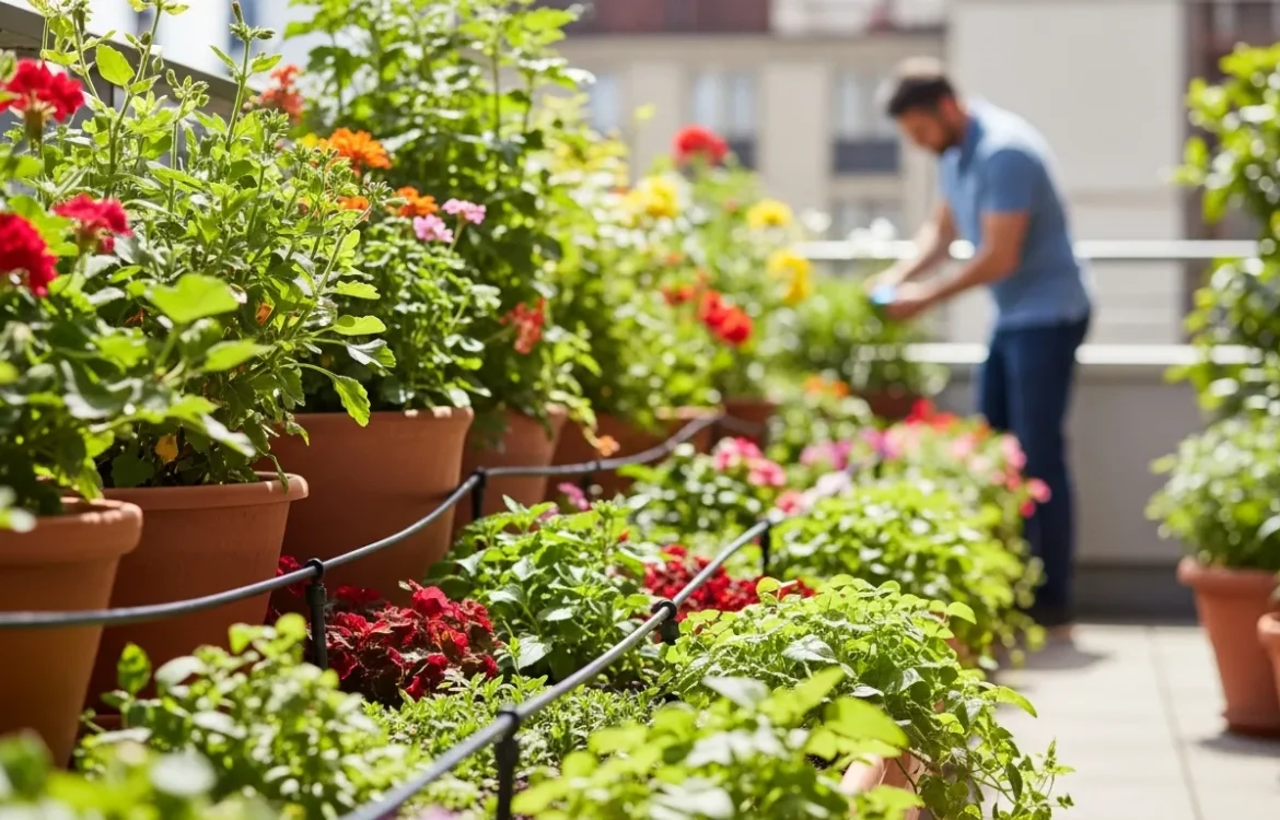 Tutorial on how to set up an automatic drip system for balcony plants using micro-tubing and potted herbs.