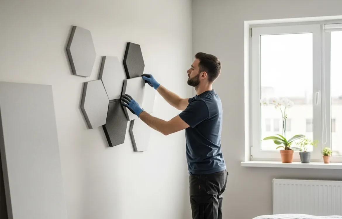 A man installing decorative foam panels as he learns how to soundproof apartment walls in a modern living room.