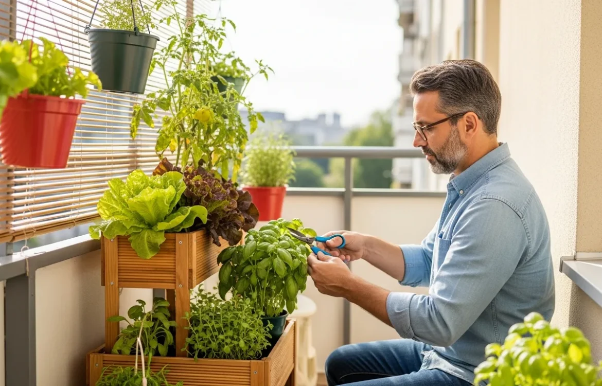 A man learning how to start a patio garden in an apartment with fresh herbs and vegetables on a sunlit balcony.