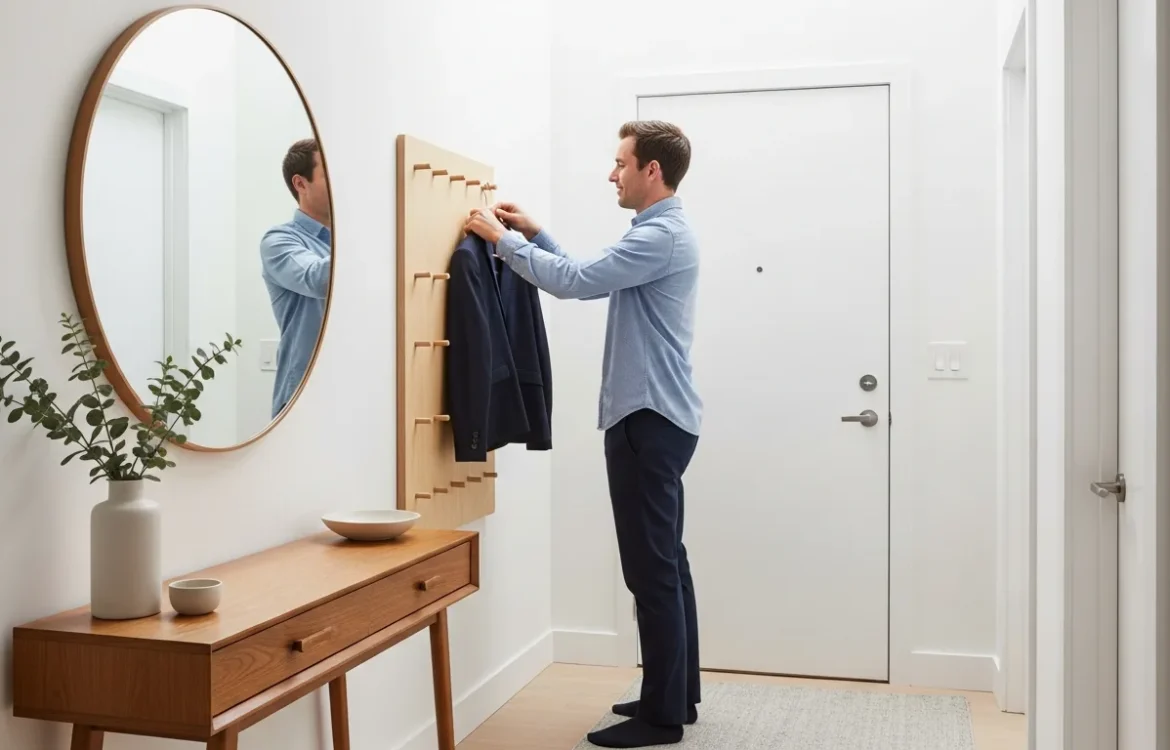 A man organizing a minimalist console table, demonstrating how to style a small apartment entryway with functional decor.