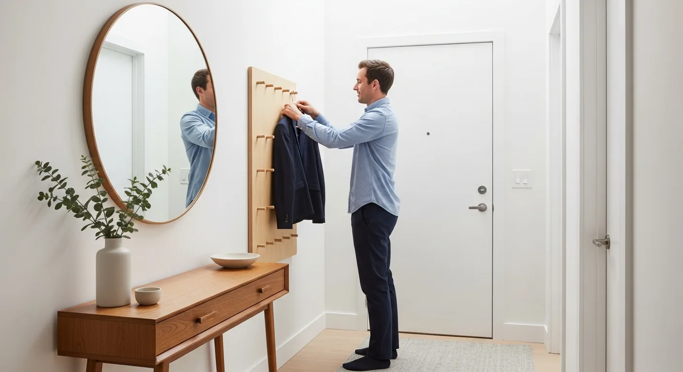 A man organizing a minimalist console table, demonstrating how to style a small apartment entryway with functional decor.