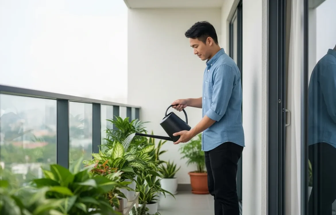 A man learning how to water apartment balcony plants without making a mess using a narrow-spout watering can.