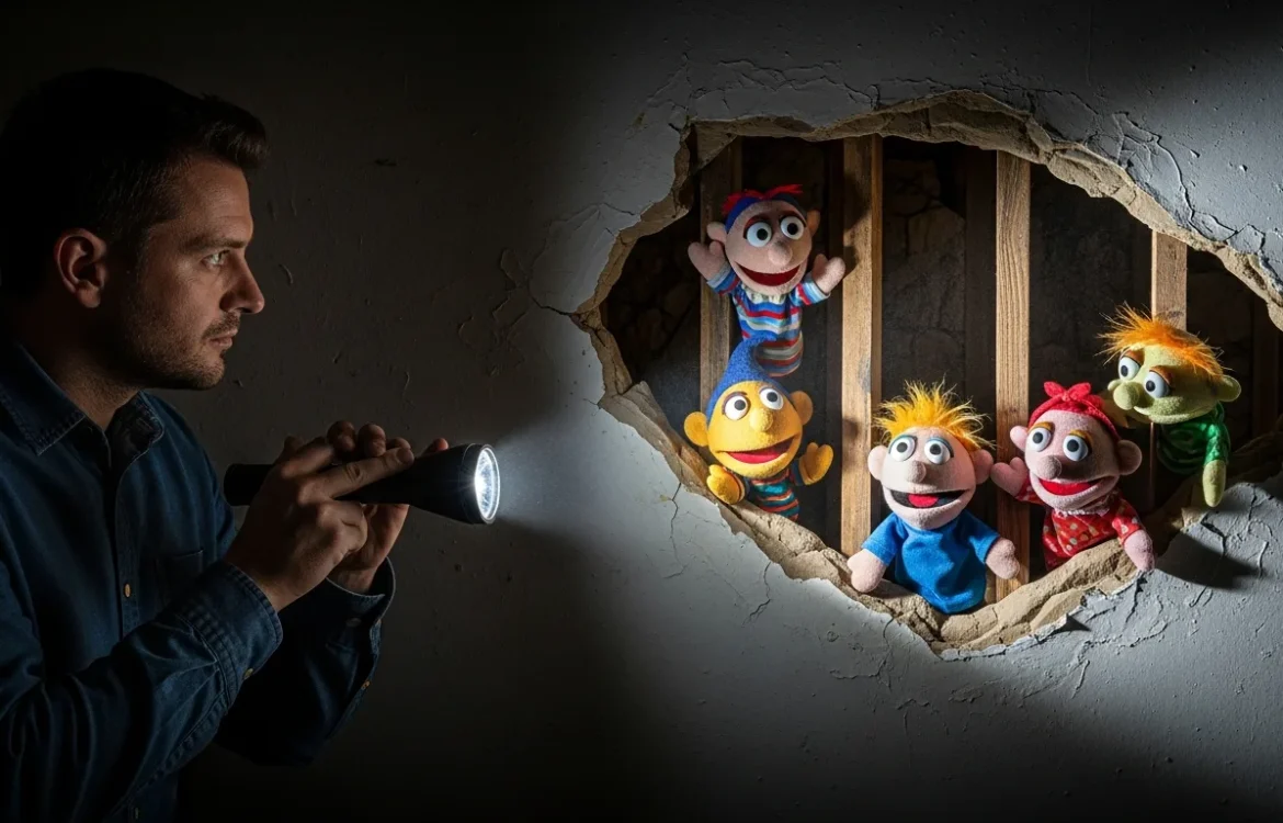 A man peering into a hole where i found puppets living in my apartment walls, revealing vintage felt characters.