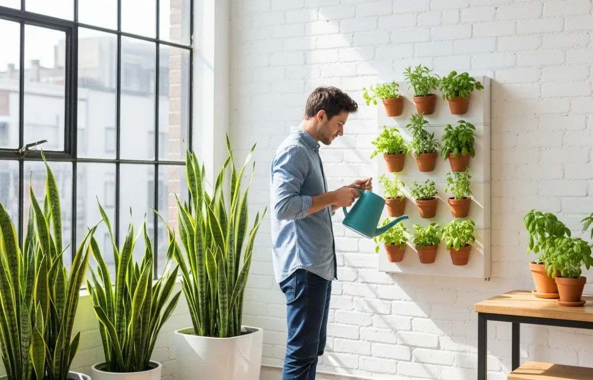 A man organizing small potted herbs on a shelf, demonstrating indoor apartment gardening tips for beginners.