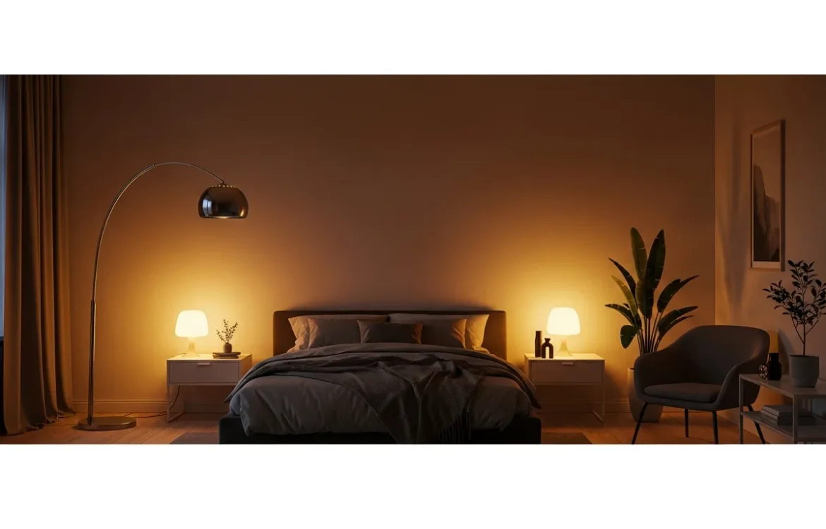 A bright living room showcasing effective lighting for apartments with no ceiling lights using floor and table lamps.