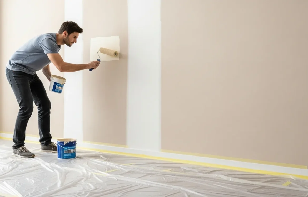 A man carefully painting an apartment wall using a roller while protecting the trim with blue painter's tape.